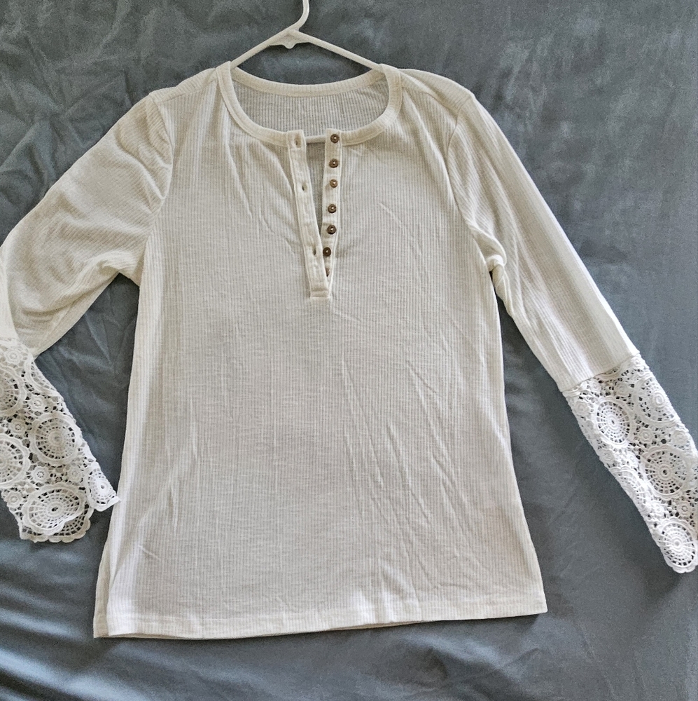 Women's Rib Knit Long Sleeve Lace Button Up Shirt Casual Large White
